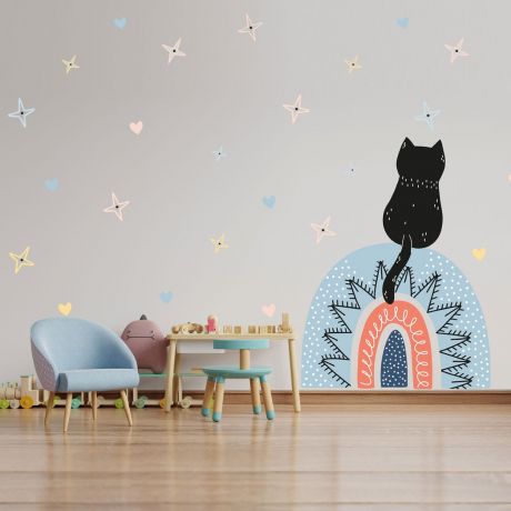 Multicolour Cat Rainbow Wall Decals, Pattern Hearts and Stars for kids room wall decor stickers