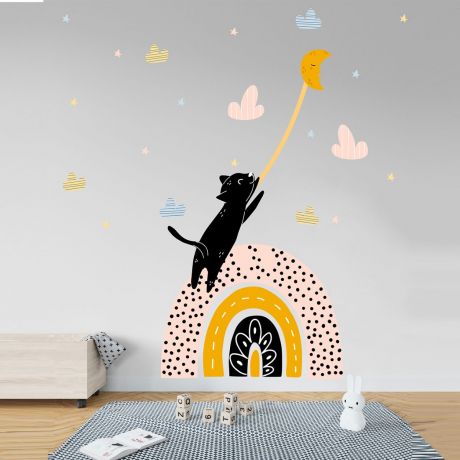 Multicolour Cat Rainbow Wall Decals, Pattern Hearts and Stars for kids room wall stickers