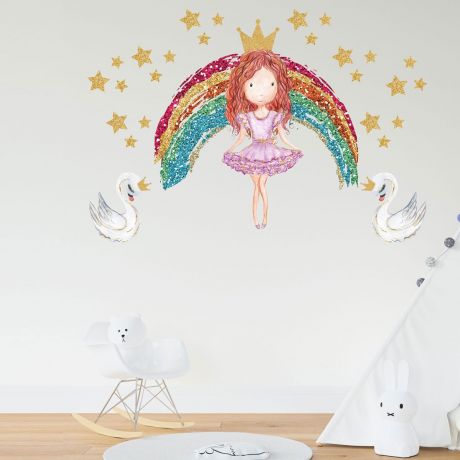 Multicolour Princess with Rainbow and Swan Wall Decals, Stars for kids room wall stickers