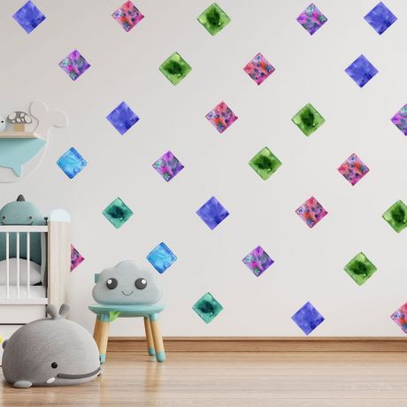 Set of 20 Multicolour Square Wall Stickers, Watercolour Effect Pattern for kids room wall stickers
