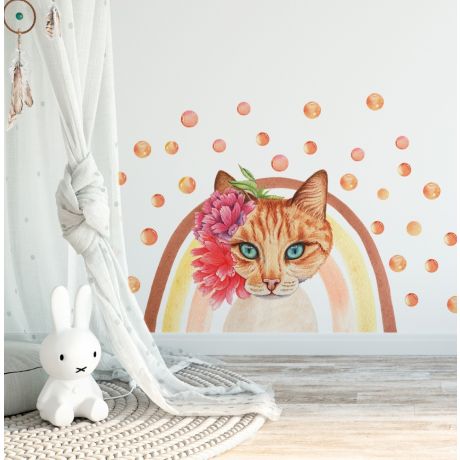 Boho Cat Wall Stickers, Boho Rainbow and Cat Watercolor Decal for Kids room, Girls Bedroom Rainbow Wall Stickers, Nursery Room Decal Decor