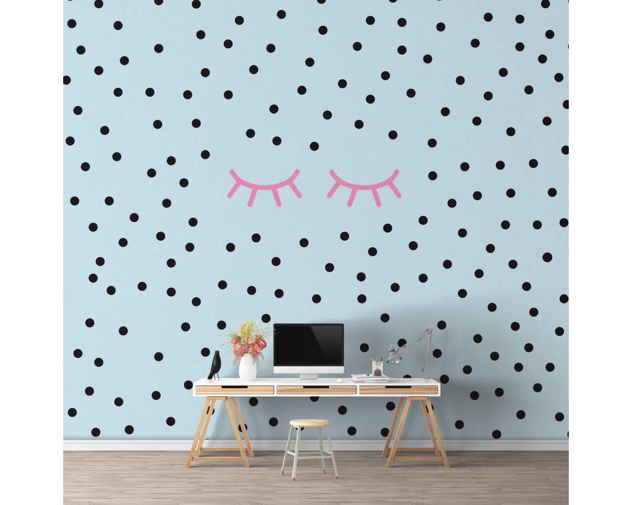 Sleepy Eyelash & Polka dots Pattern Vinyl Wall Stickers for Kids Room Wall Decor