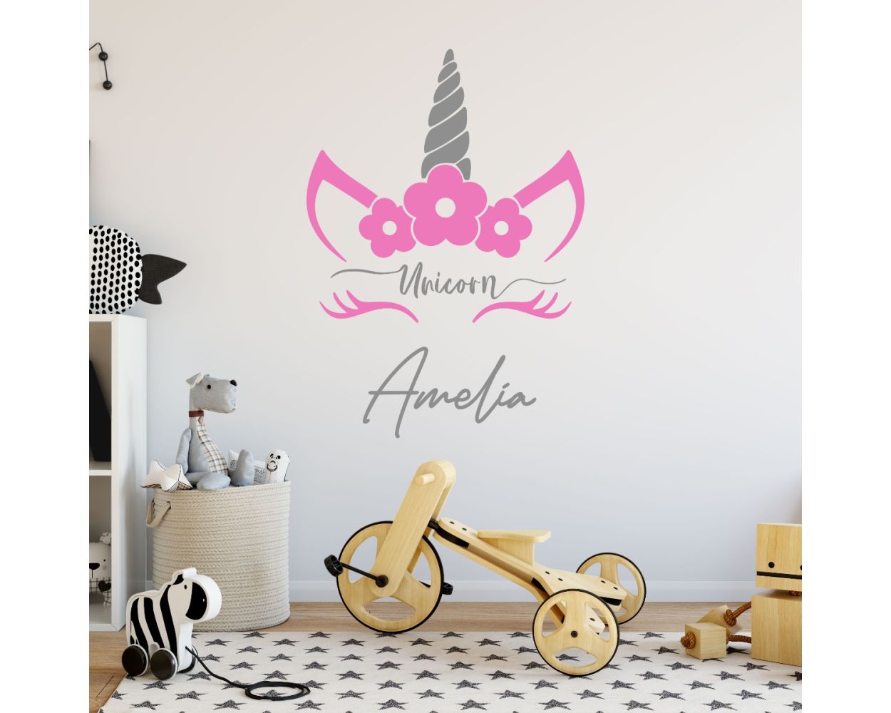 Cute Custom Name and Unicorn Horn with Flower wall Stickers for Nursery Wall Decor