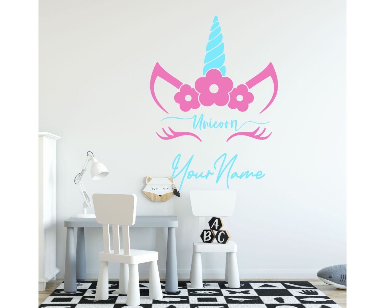 Cute Custom Name and Unicorn Horn with Flower wall Stickers for Child's Room Wall Decor