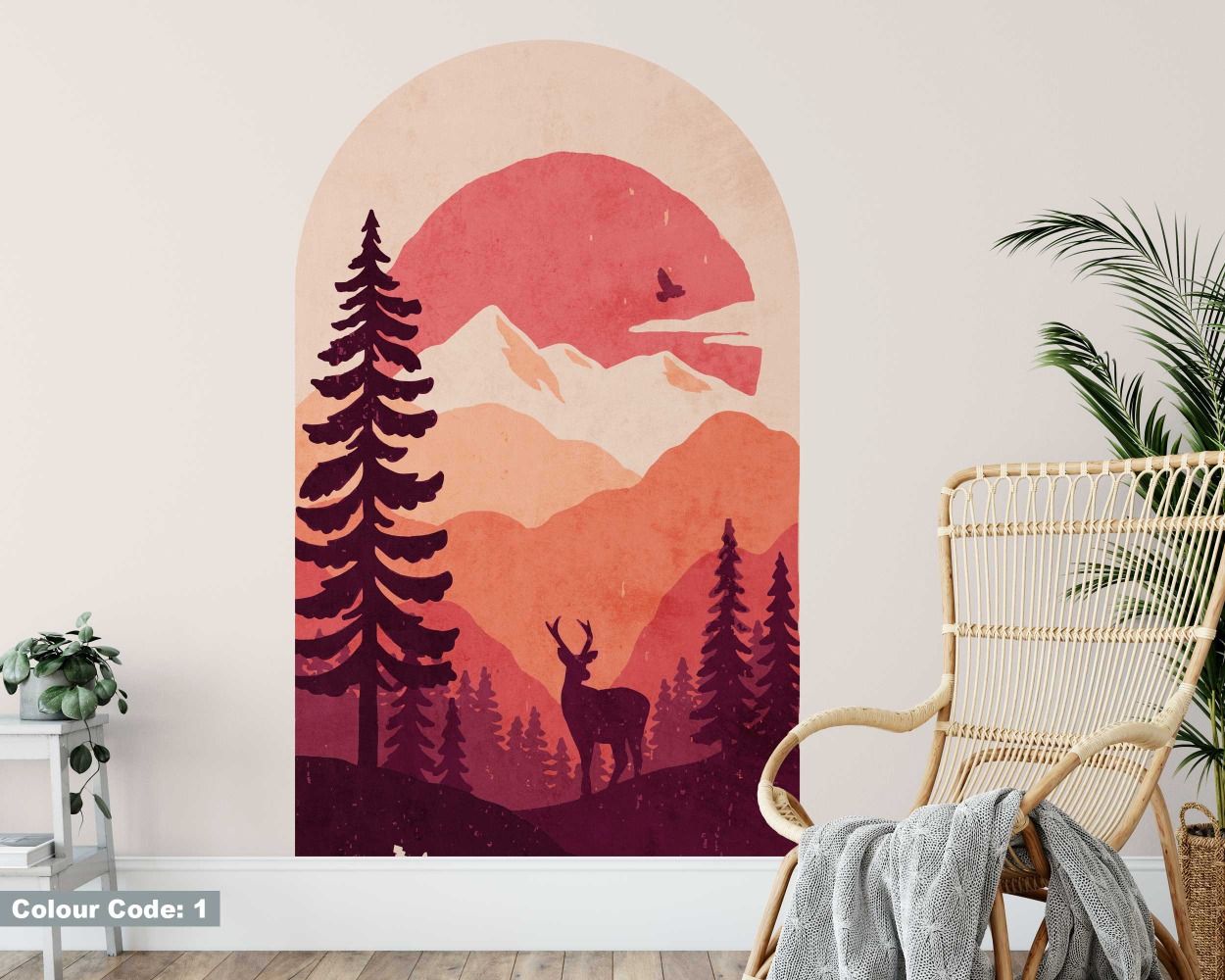 Deer In The Forest With Mountain Arch Shape Wall Stickers 