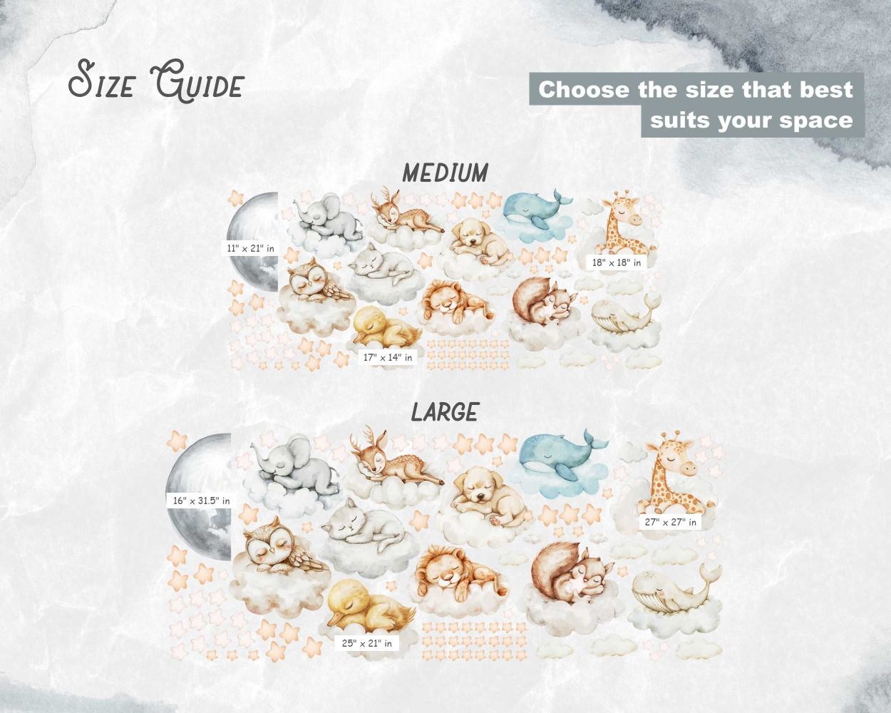 Cute Safari Animals Sleeping on Clouds Cartoon Wall Stickers for Nursery Decor