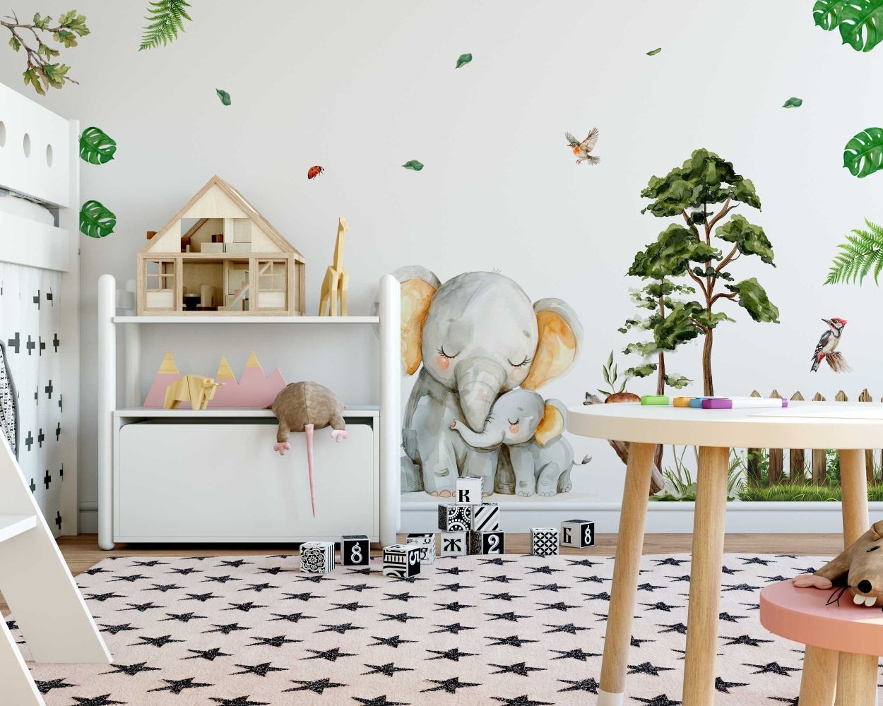 Cute Mom and Baby Elephant Cartoon Stock Animal Wall Decals for kids room decor