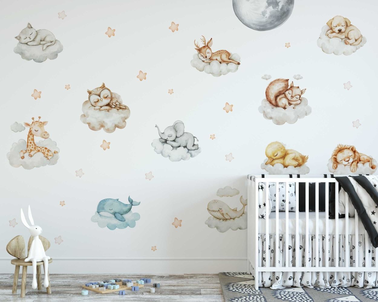 Cute Safari Animals Sleeping on Clouds Cartoon Wall Stickers