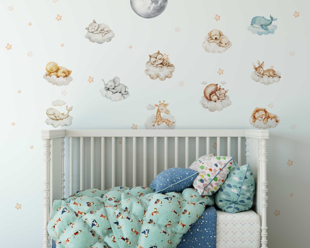 Cute Safari Animals Sleeping on Clouds Cartoon Wall Decals for Nursery Decor