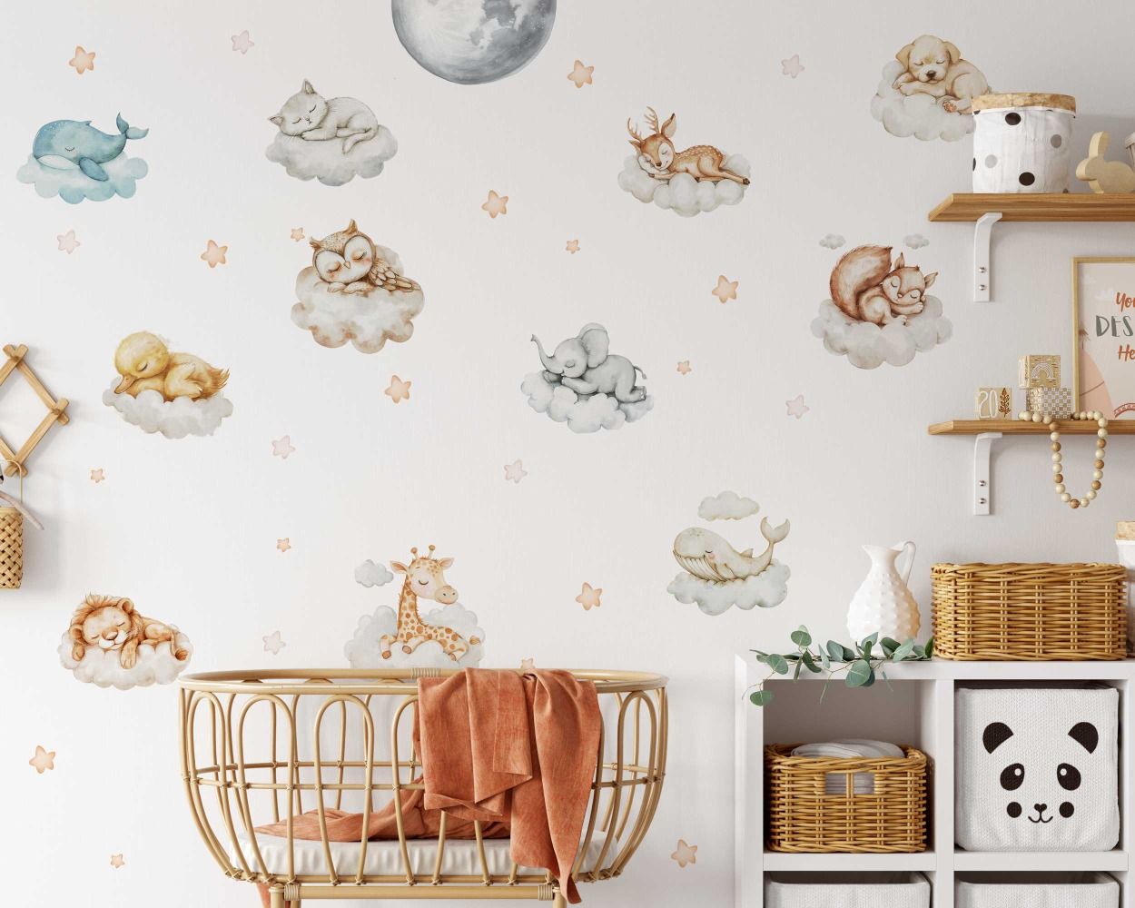Cute Safari Animals Sleeping on Clouds Wall Stickers for Kids Room Decor
