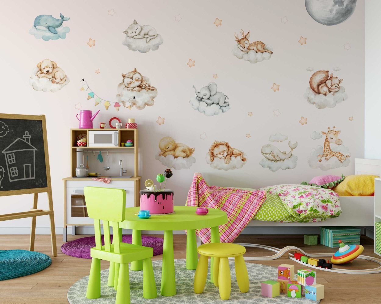 Cute Safari Animals Sleeping on Clouds Cartoon Wall Decals