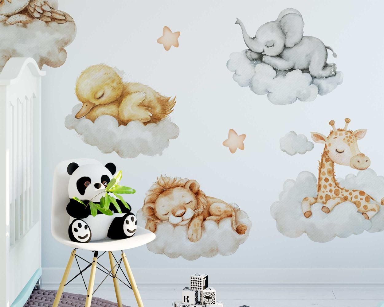 Cute Safari Animals Sleeping on Clouds Wall Decals for Kids Room Decor