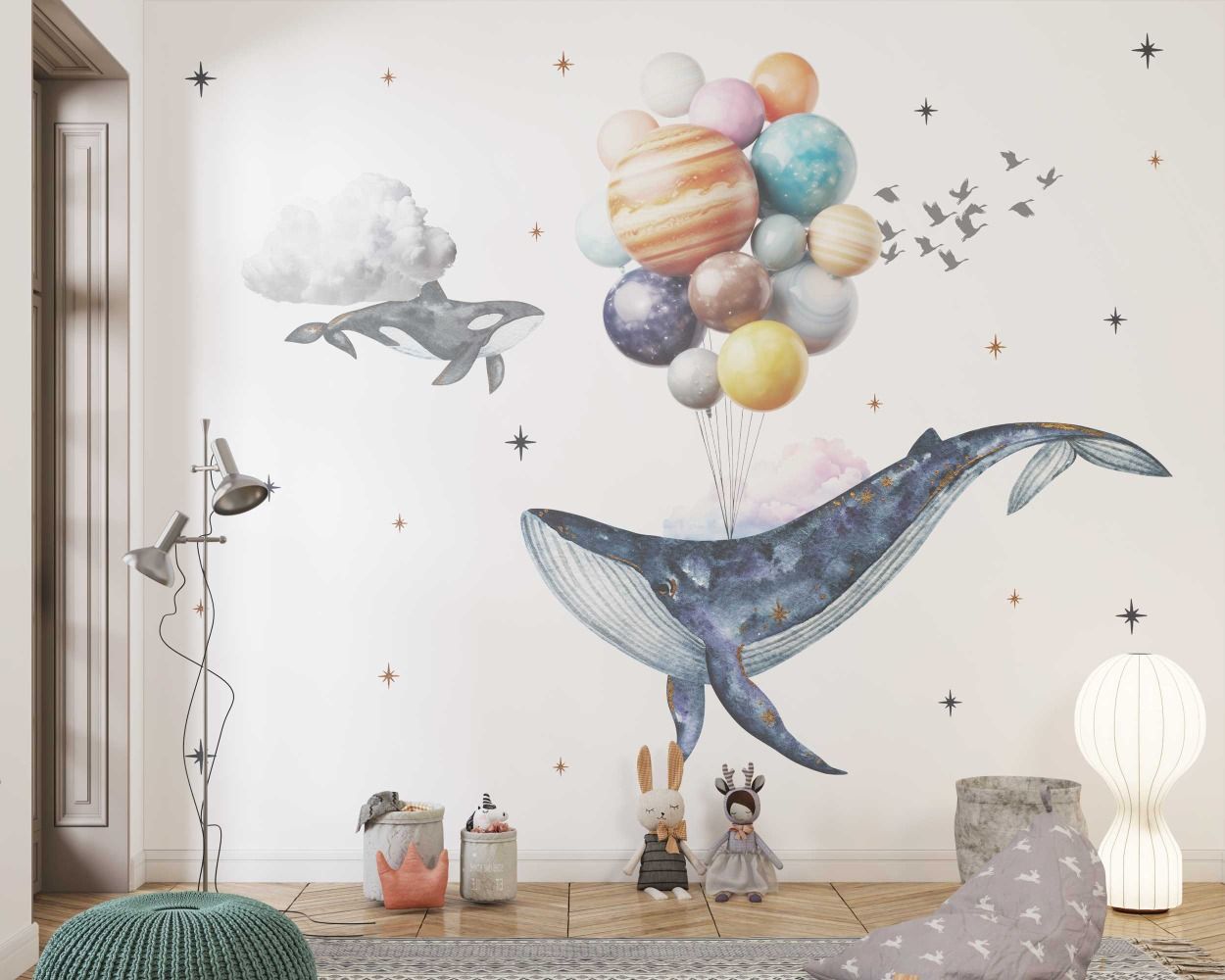 Flying Whales with Planets Balloon Wall Stickers for Nursery Decor