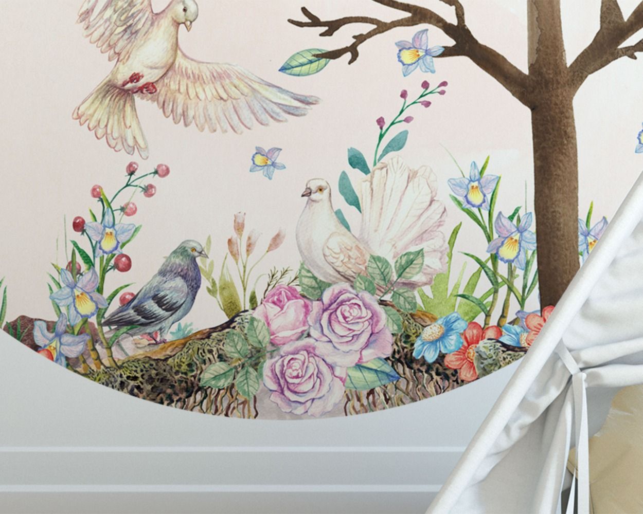 Beautiful Pink Paradise, Birds, Flowers and Leaves Vinyl Wall Stickers for Kids Bedroom Wall Decor