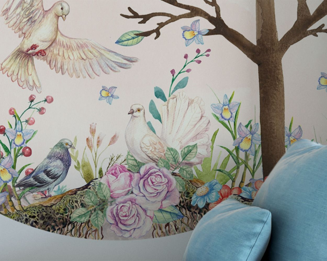 Beautiful Pink Paradise, Birds, Flowers and Leaves Vinyl Wall Stickers for Nursery Wall Decor