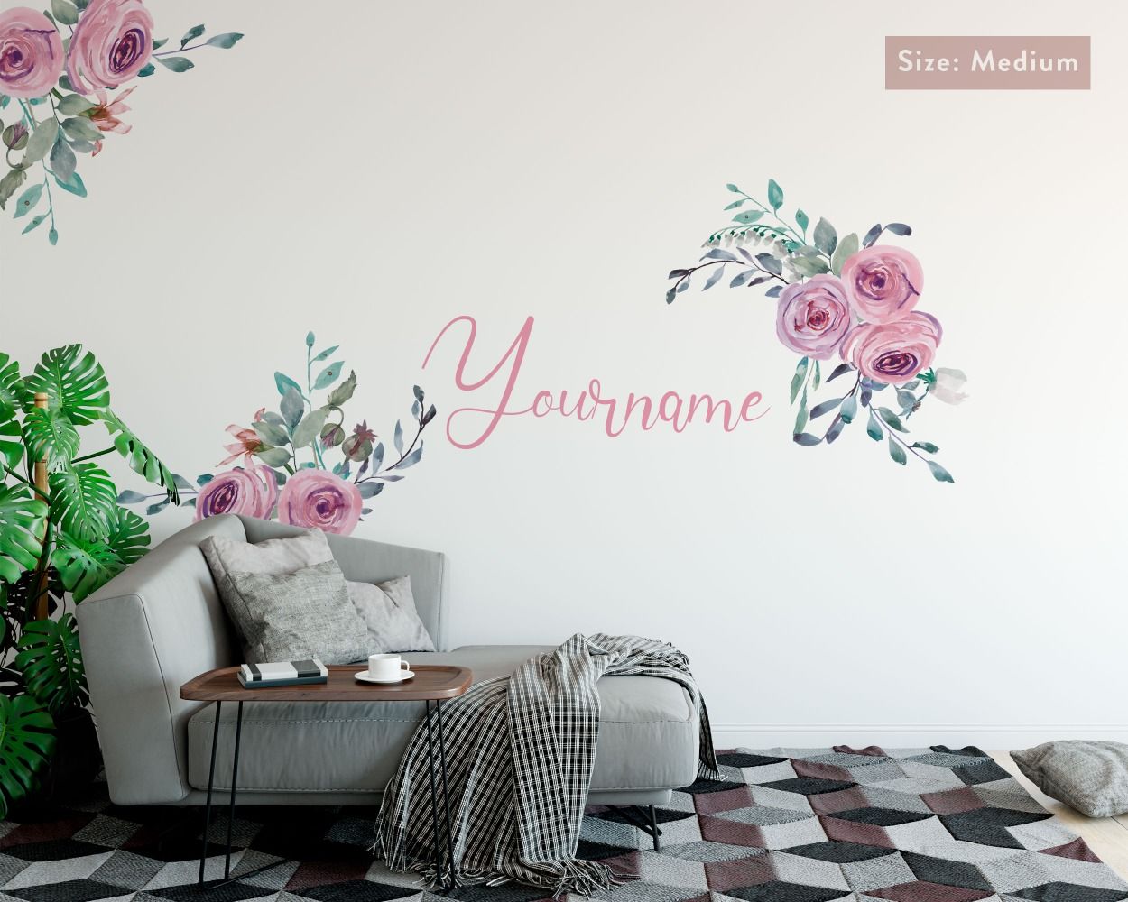 Rose Floral With Custom Name Headboard Wall Decals for bedroom wall decor