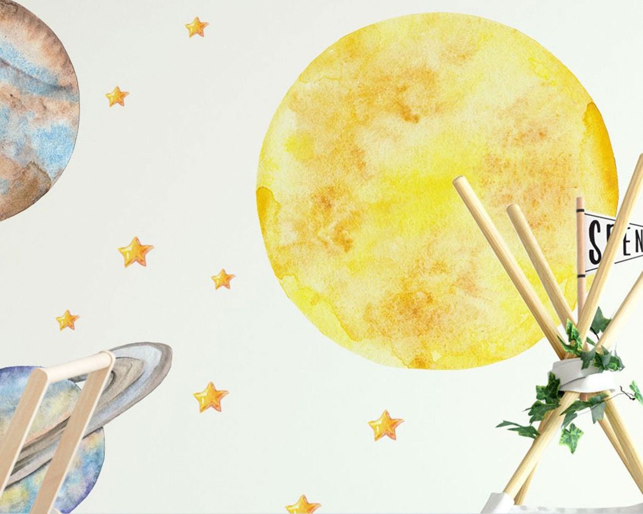 Beautiful Watercolor Solar System Vinyl Wall Decals for Nursery Wall Decor