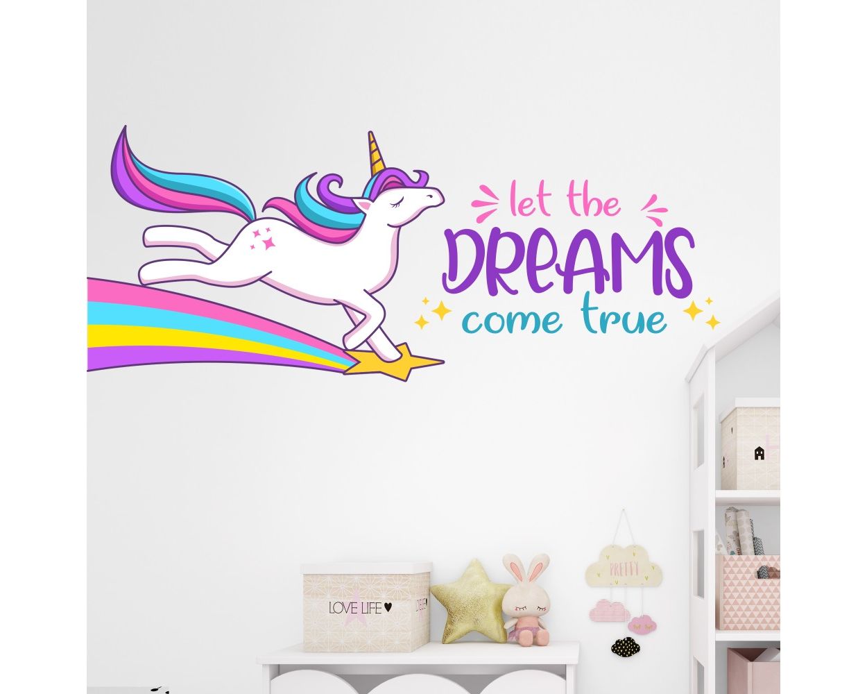 Let the dream come true Unicorn Quote wall sticker, unicorn wall decal,  Flower room decor, unicorn room décor