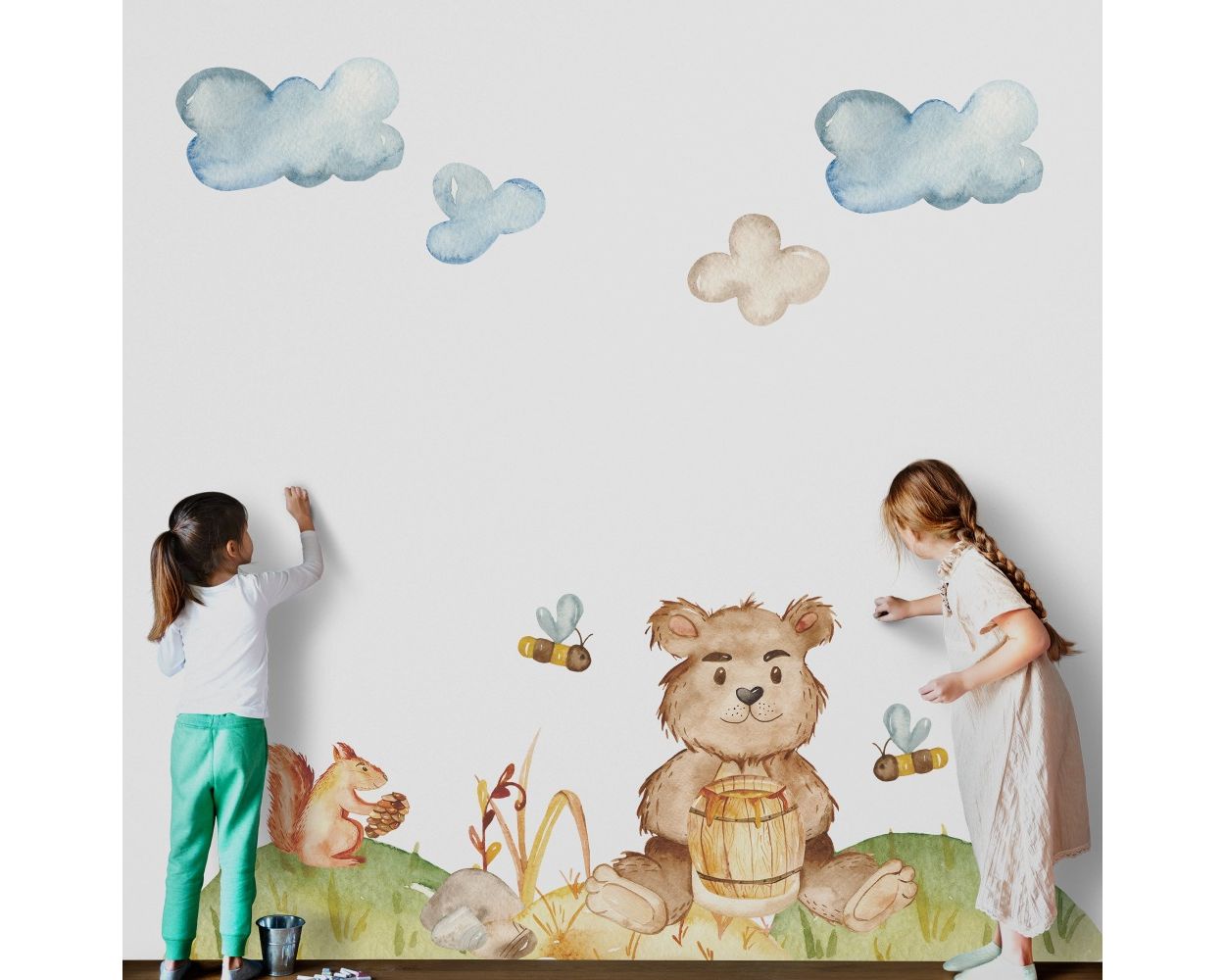 Bear With Honey And Honey Bee Animal Vinyl Wall Decals for Bedroom Wall Decor