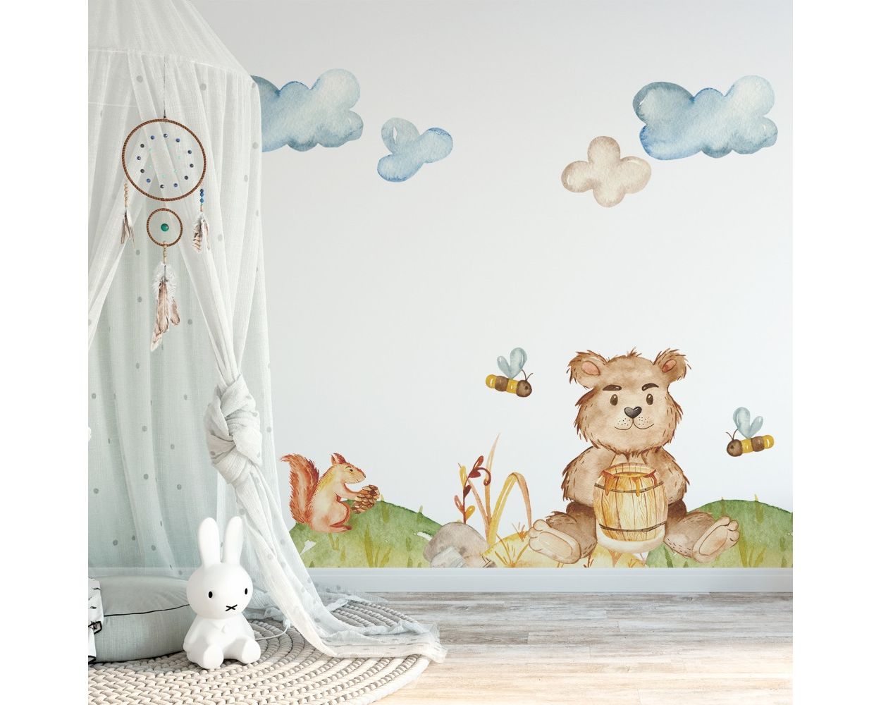Bear With Honey And Honey Bee Animal Wall Decals for Bedroom Wall Decor