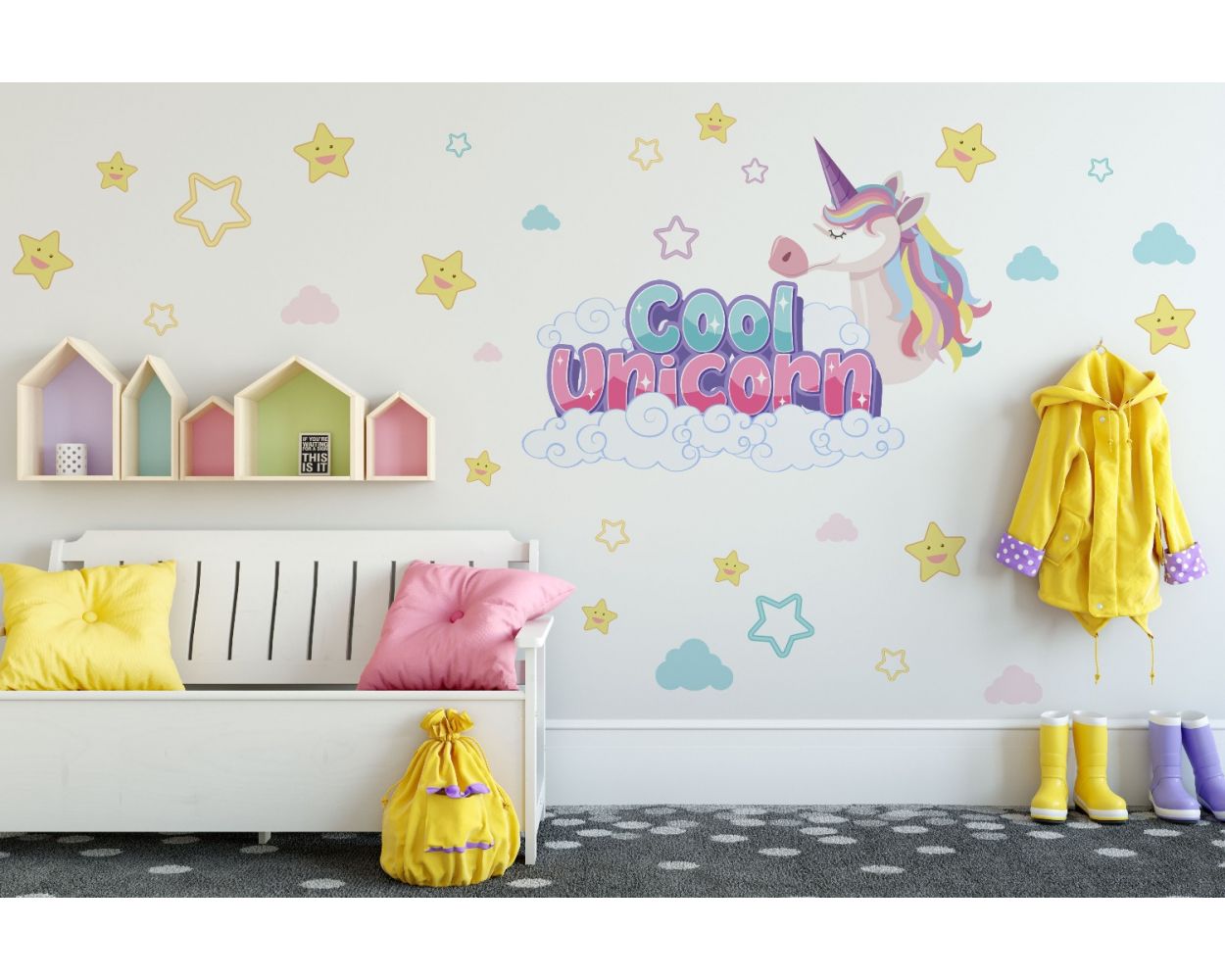 Beautiful Stars & Cool Unicorn Horn Vinyl Wall Decals For Nursery wall Decor