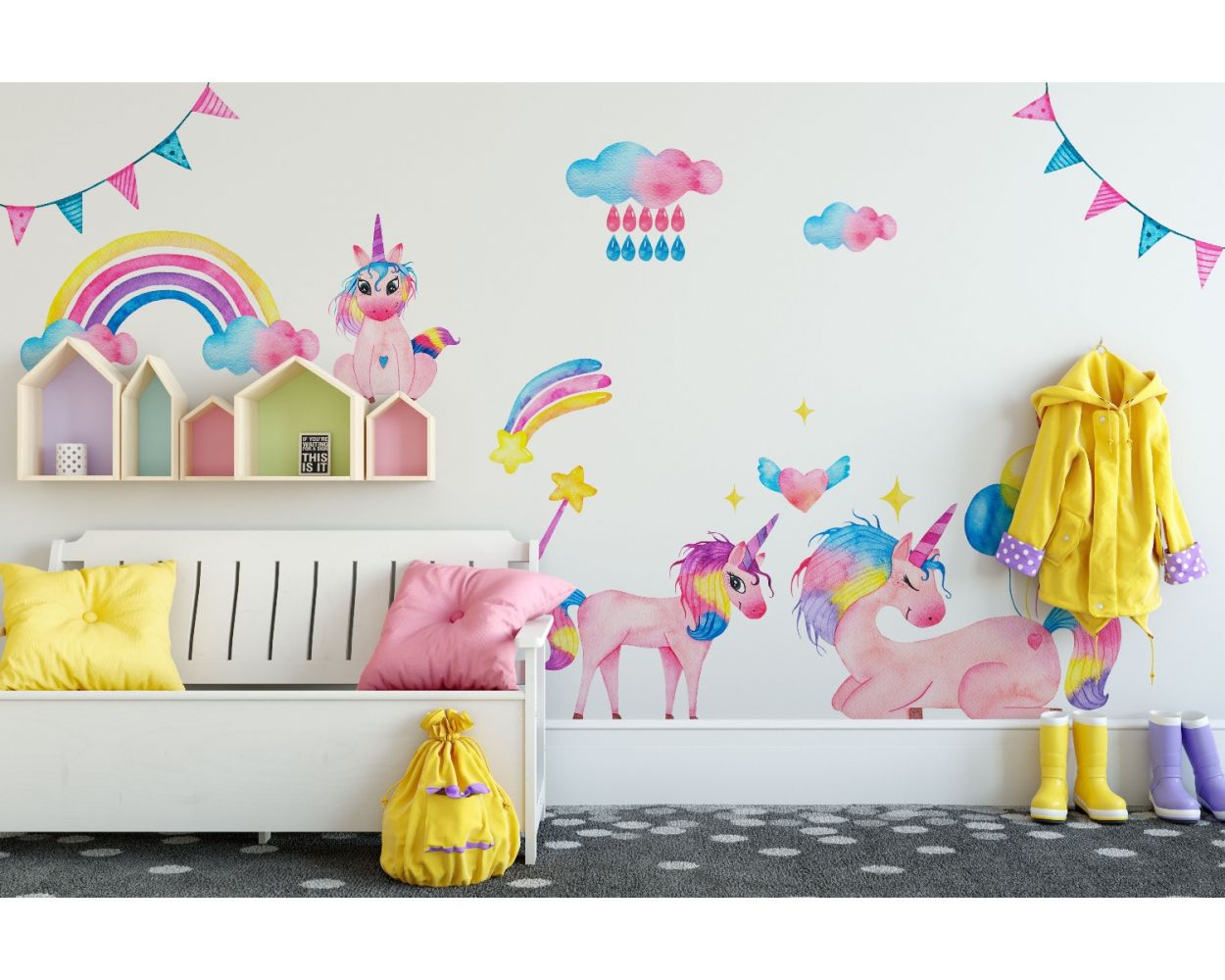 Beautiful Watercolor Magical Sleeping Unicorn Vinyl Wall Decals for Kids Room Wall Decor