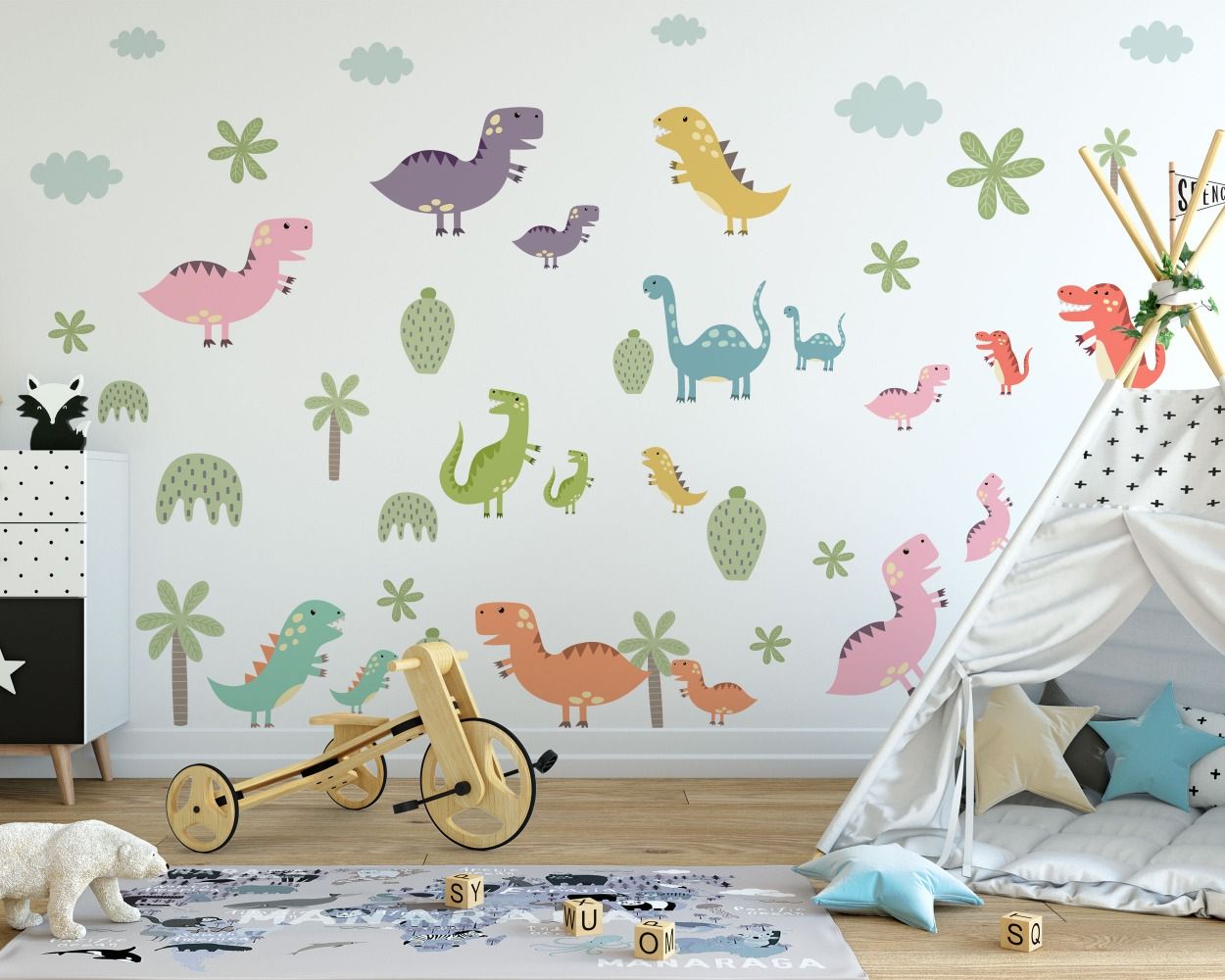 Dino Set Paste, Wall sticker for kids, Children Dinosaur Wall Decals Set  for Kids Bedroom, Nursery Watercolour Dino Stickers, Peel and Stick