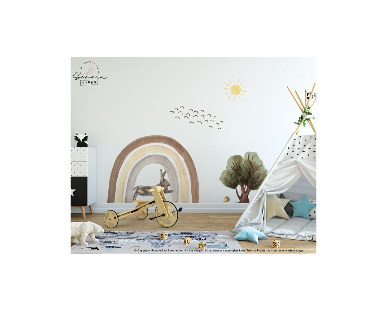 Cute and Best Boho Rabbit And Rainbow Watercolour Vinyl Wall Stickers for Kids Room Decor