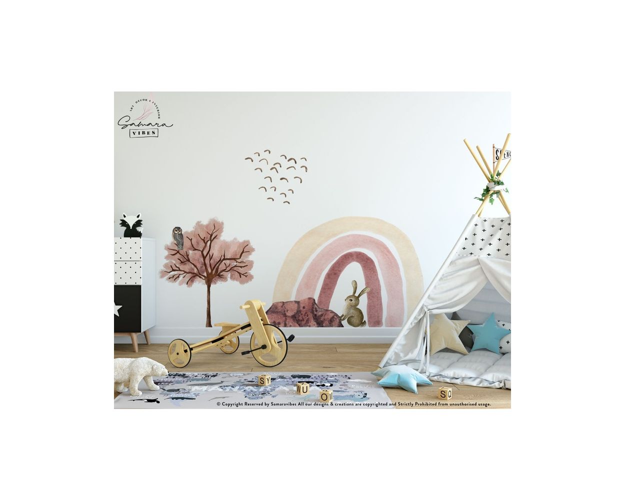 Cute and Best Boho Rainbow Rabbit & Birds Vinyl Wall Decals for Kids Room Decor