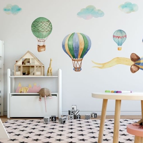 Hot Air Balloon Wall Stickers, Watercolor Air Balloon Wall Decals, Watercolor Kids Playroom Stickers, Girl Bedroom Art, Mural Nursery Decor