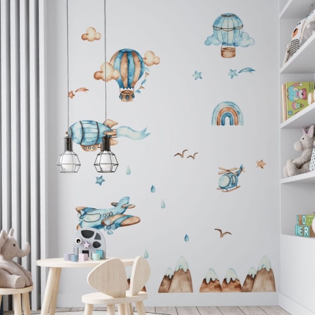 Hot Air Balloons Watercolour Wall Decals, Hills Birds Clouds for kids room wall stickers