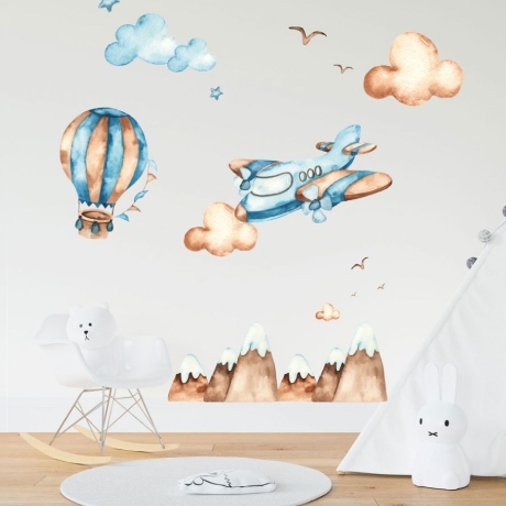 Hot Air Balloons Watercolour Wall Decals, Hills Birds Clouds for kids room wall stickers