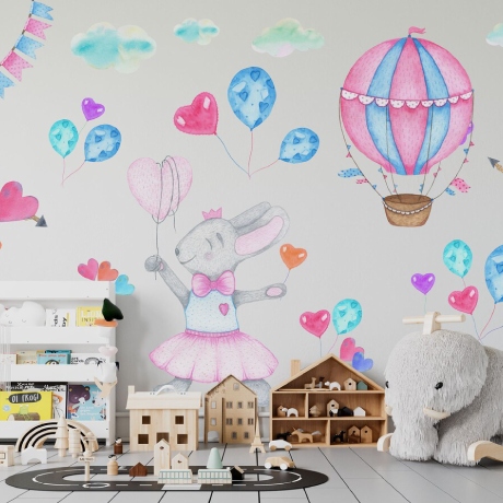Hot Air Balloon Wall Stickers, Watercolor Air Balloon Wall Decals, Watercolor Kids Playroom Stickers, Girl Bedroom Art, Mural Nursery Decor
