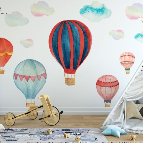 Hot Air Balloon Wall Decal, Watercolor Air Balloon Wall Sticker, Watercolor Playroom Kids, Girl Bedroom, Mural Nursery Decor